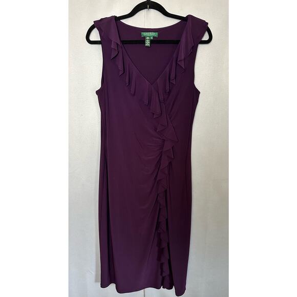 Womens Ralph Lauren Purple Plum Ruffle Front Sleeveless Dress Formal Stretch 12 - Picture 1 of 6